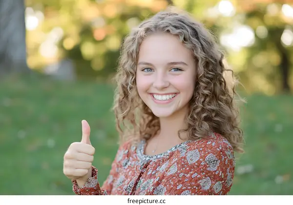 Happy Young Woman Gives Thumbs Up in Park