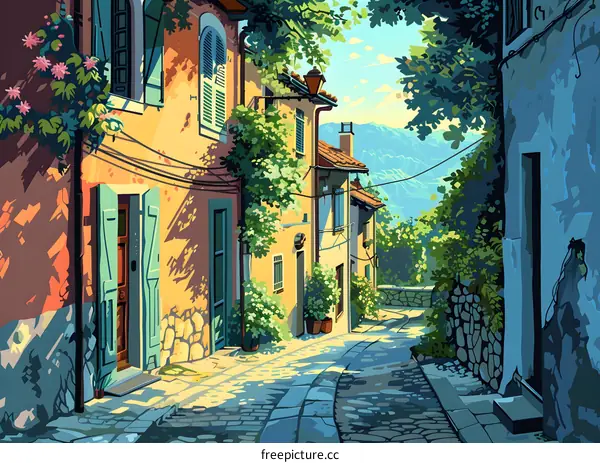 An illustration of a narrow street in a small town with colorful houses and flowers