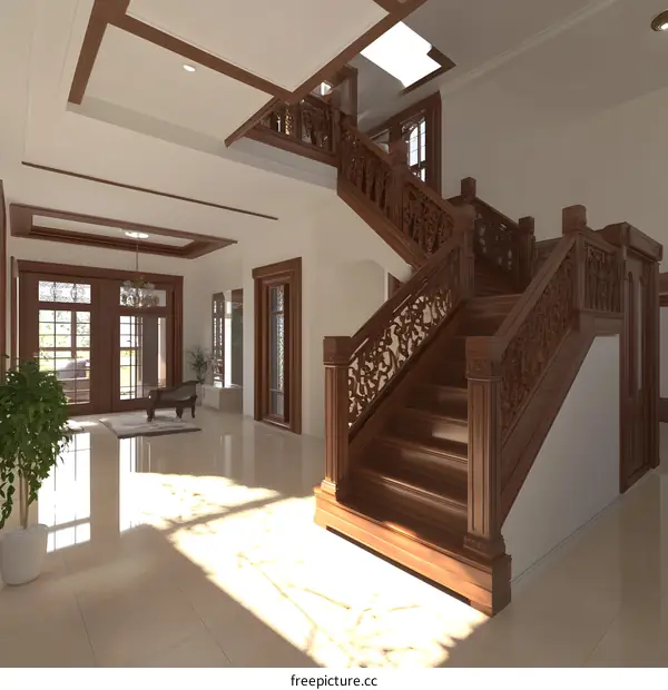 Modern Carved Wooden Staircase in a Luxury Home Interior