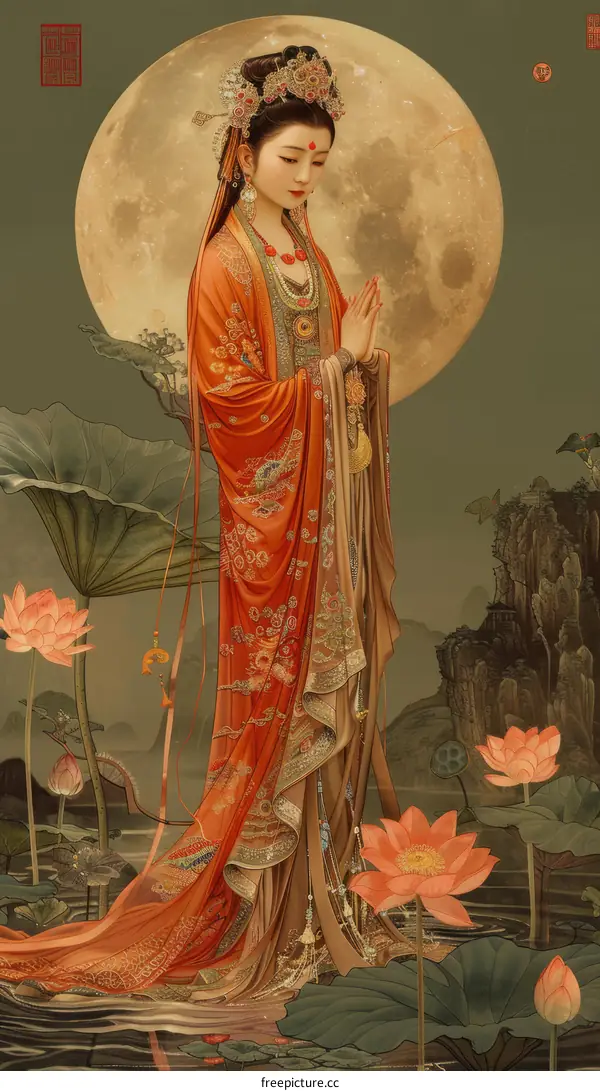 A Chinese woman wearing a traditional Hanfu dress is standing in a lotus pond with a full moon in the background