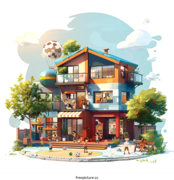 children playing soccer in front of a house