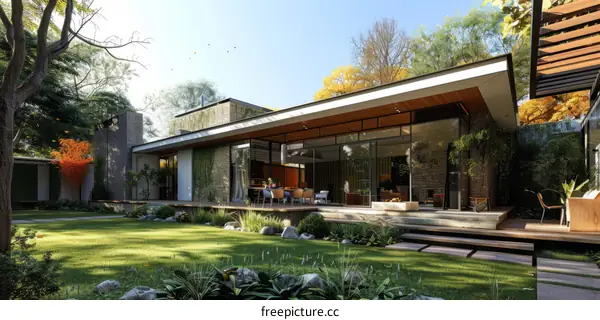 Courtyard house with large glass windows and a garden