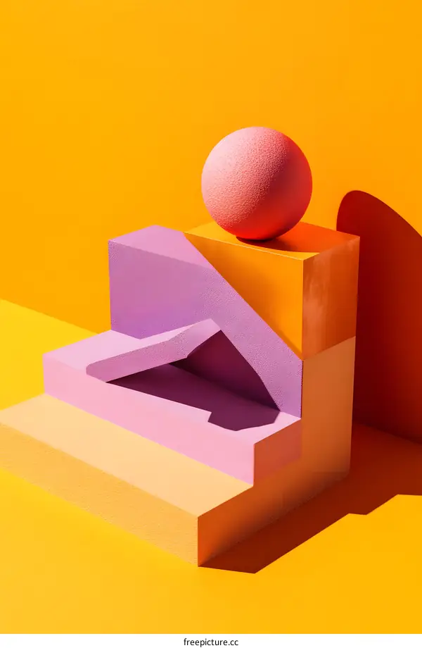 Abstract 3D Render of Geometric Shapes with Pink Sphere on Orange Background