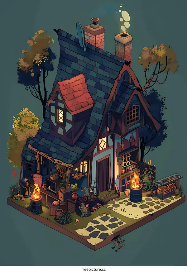 Cozy Cottage Illustration With Smoke Coming From Chimney And Light In Windows