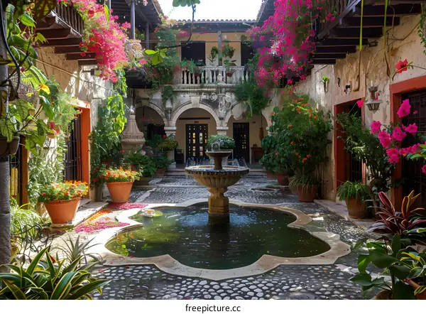 A beautiful courtyard with a fountain and flowers