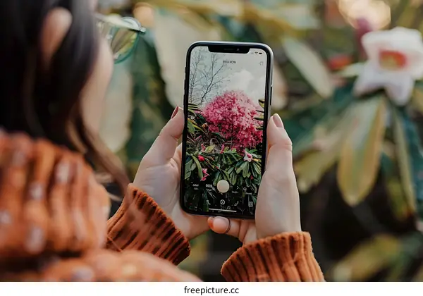 Woman Taking Photo of Flowers on Phone