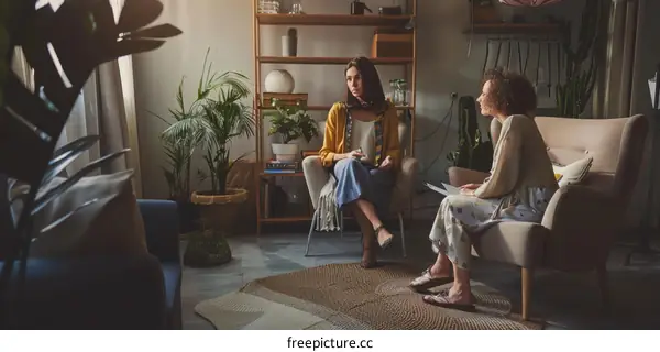 Two women are sitting on a couch and talking.