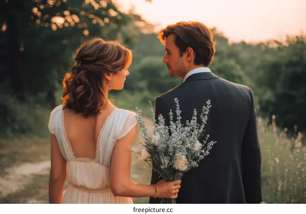 Couple in Wedding Attire Outdoors
