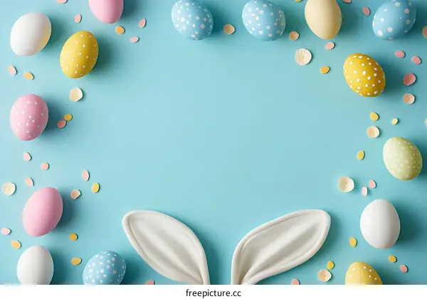 Easter Eggs Decorated on a Light Blue Background