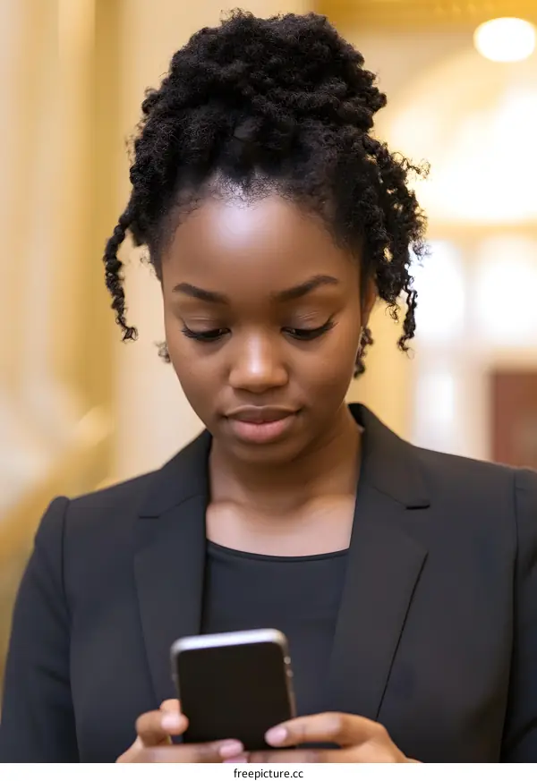 Black Woman in Suit Looking Down at Phone
