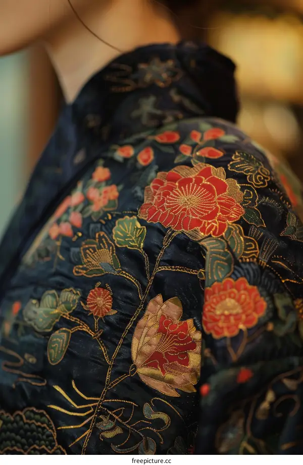 Close-up of a womans shoulder in a black cheongsam with red and gold embroidery
