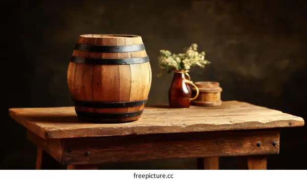 Antique Wooden Barrel on Rustic Table