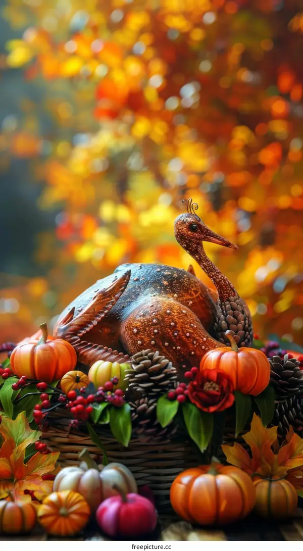 Thanksgiving Turkey Centerpiece with Pumpkins and Fall Foliage