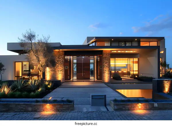 Modern Home Exterior with Stone Facade and  Landscaped Yard