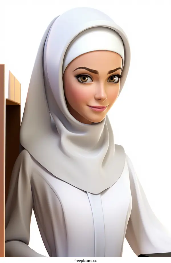 A young woman wearing a white hijab is smiling.