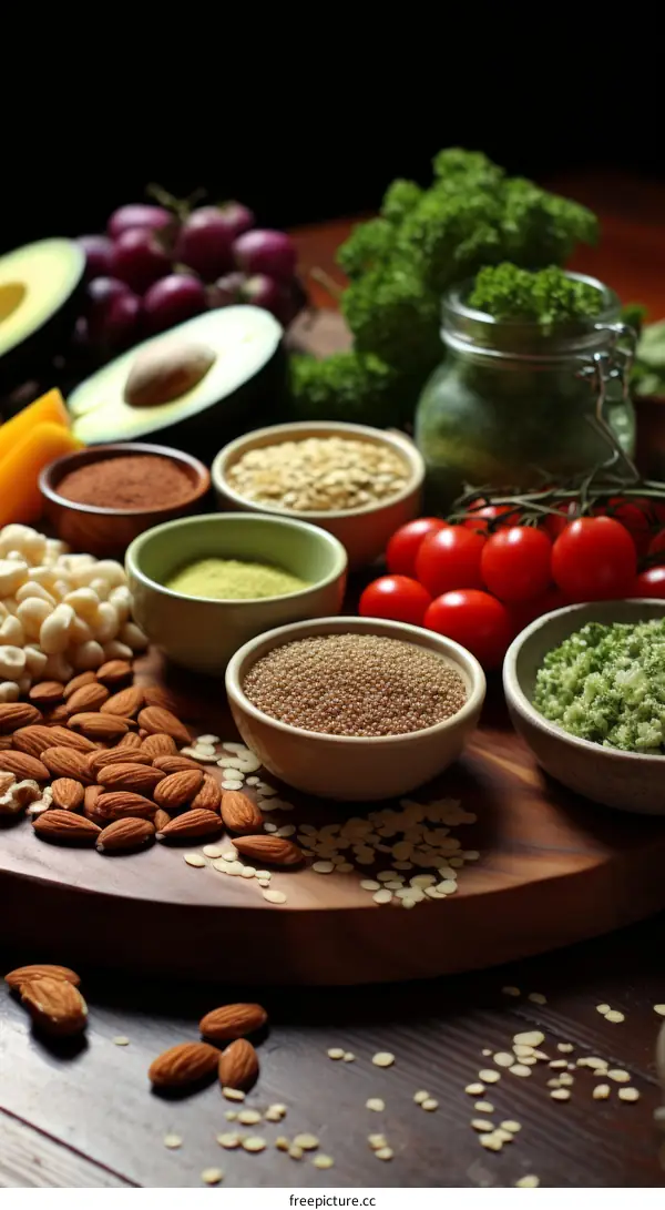A variety of healthy food ingredients are arranged on a wooden table.