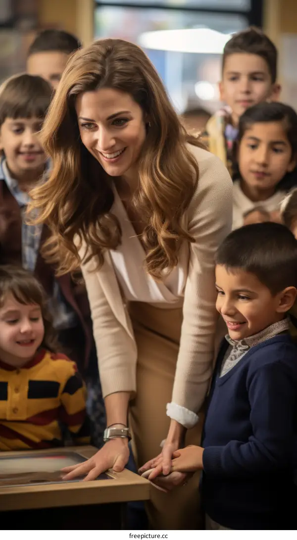 A smiling woman is talking to a group of children.