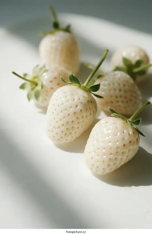 Fresh White Strawberries Arranged on a White Plate with Natural Light