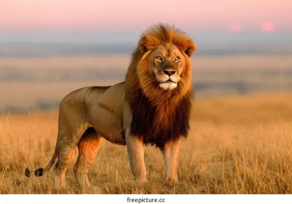 A majestic lion stands tall in the golden savannah