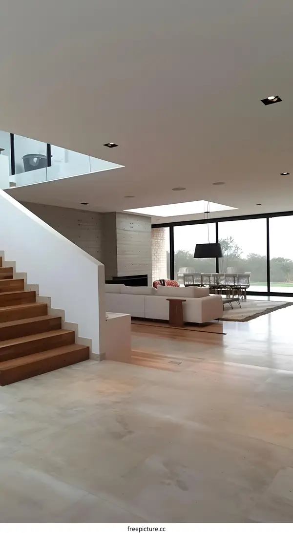 Modern Interior Design with Wooden Stairs and Large Windows