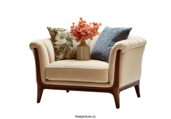 [Transparent Background PNG]Elegant Cream Sofa with Decorative Throw Pillows