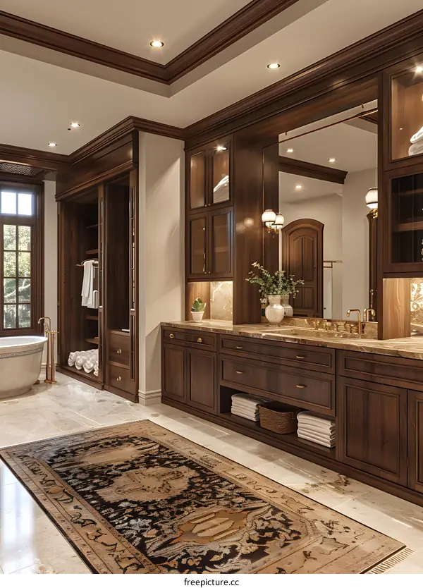 Luxury bathroom with freestanding bathtub and marble vanity