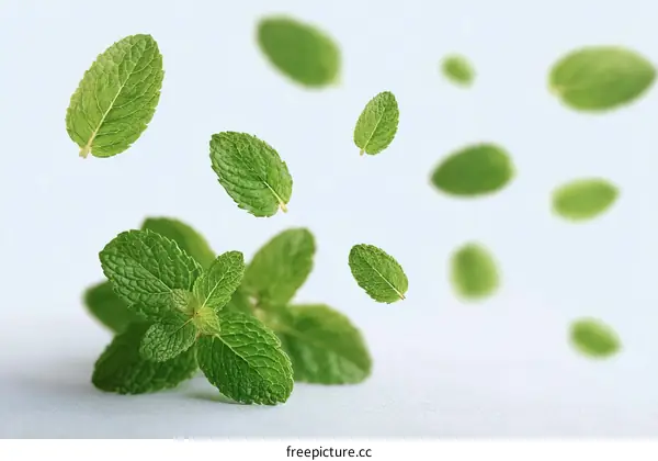 Fresh Mint Leaves in Motion against a Light Background