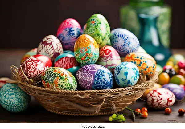 A basket full of colorful Easter eggs with intricate designs