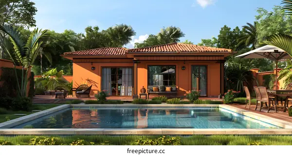 A beautiful villa with a private pool and lush garden