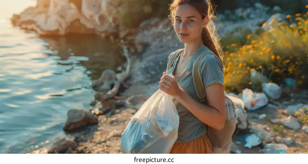 Young caucasian woman picking up trash from beach to protect environment