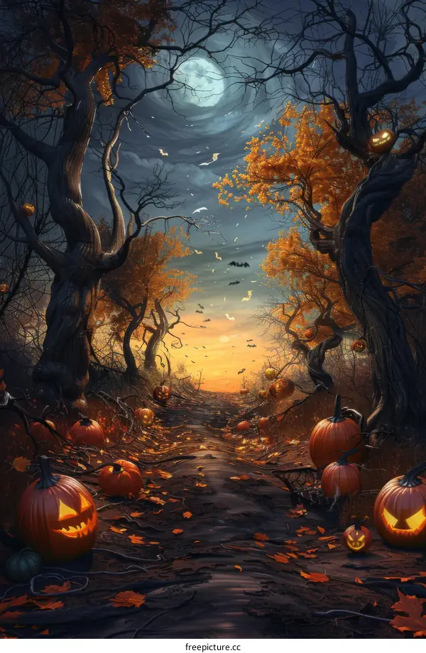 Halloween Pumpkin Forest with Glowing Moon and Bats