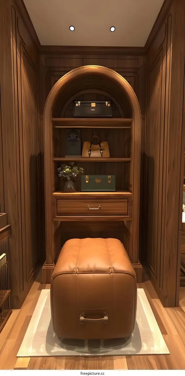 Luxury Home Interior Design With Wooden Cabinet And Leather Ottoman