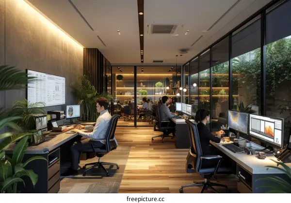 Modern office space with people working at their desks