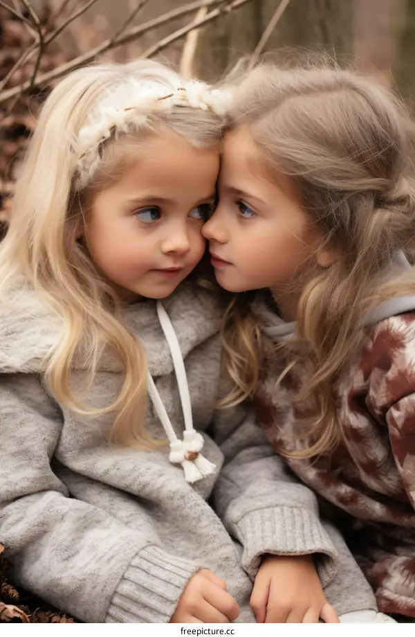 Two little girls with blonde hair are sitting in the woods looking at each other
