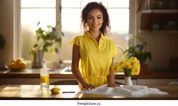Young woman in a yellow dress standing in a kitchen