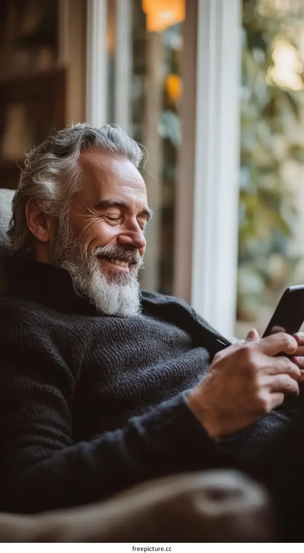 Smiling Senior Man Using Smartphone