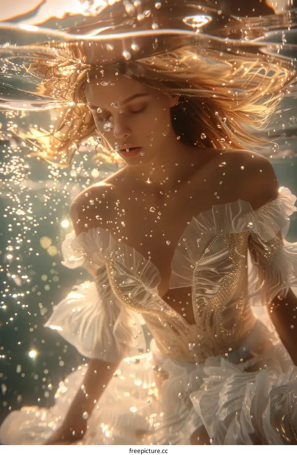 A Young Woman in a White Dress Underwater