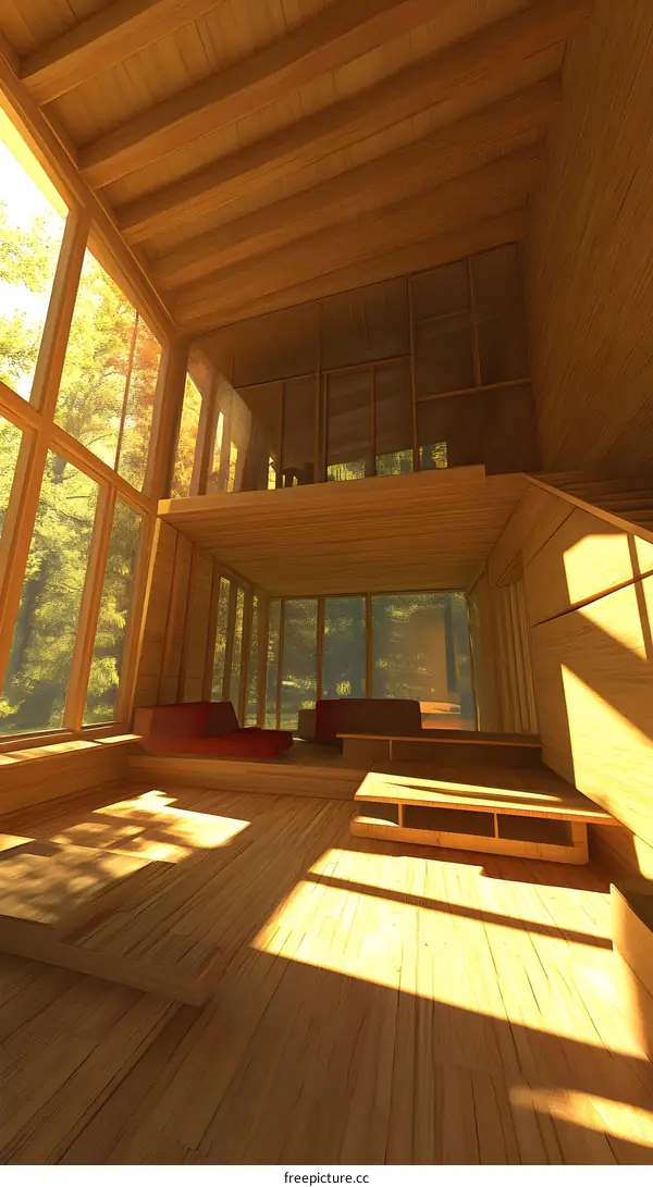 Modern Minimalist Wooden House Interior Design with Large Windows