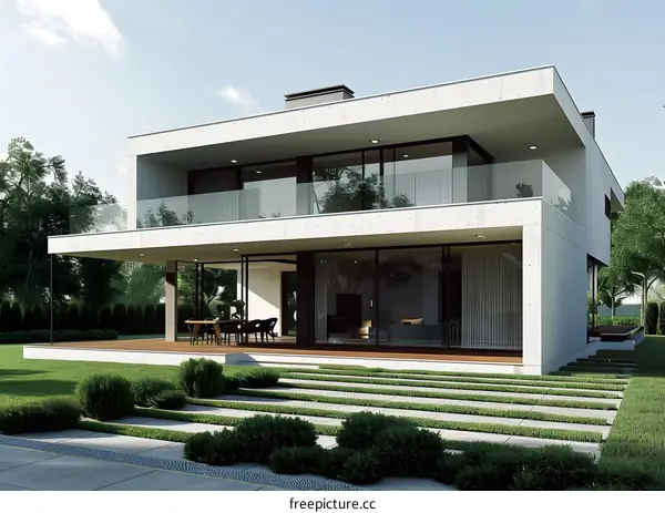 Modern House with Glass Balcony and Lawn