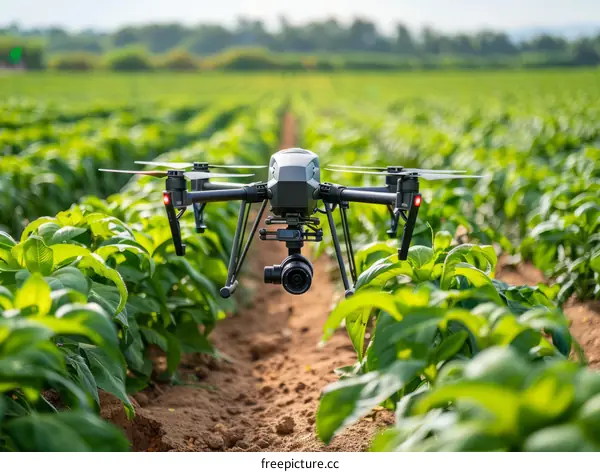 Drone flying over a field of crops
