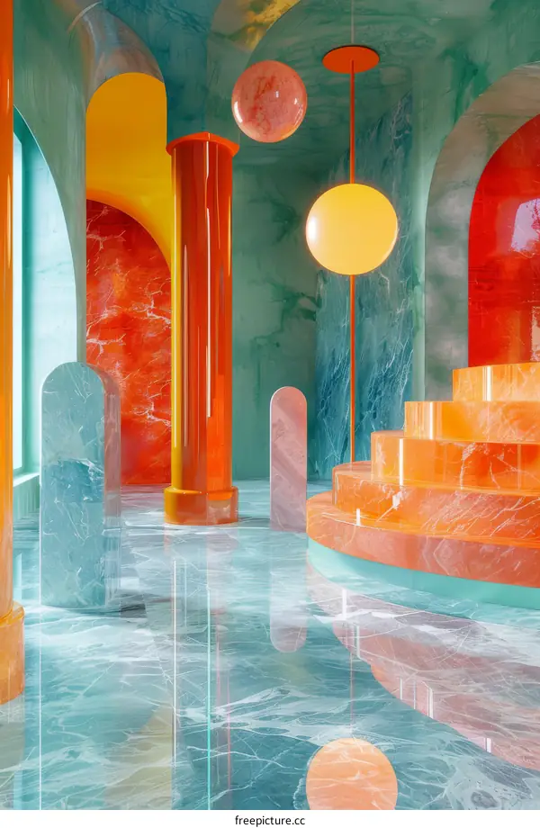 Marbled Hallway Interior with Colorful Columns