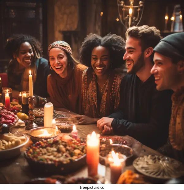 Diverse Friends Laughing and Dining Together at a Long Decorated Table