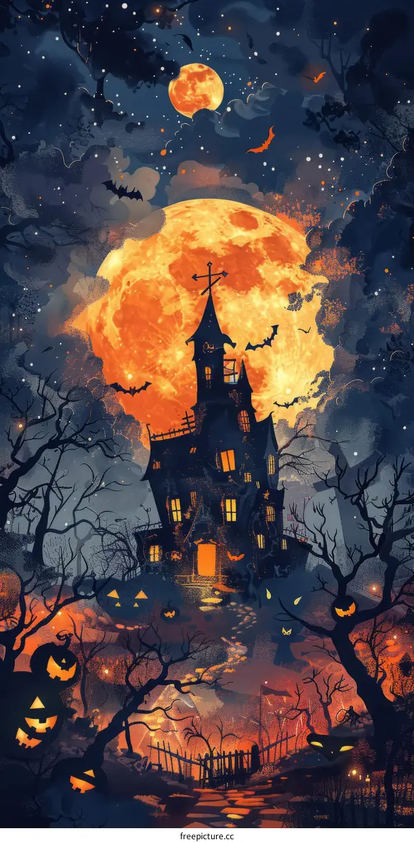 Haunted house with pumpkins and bats under a blood moon