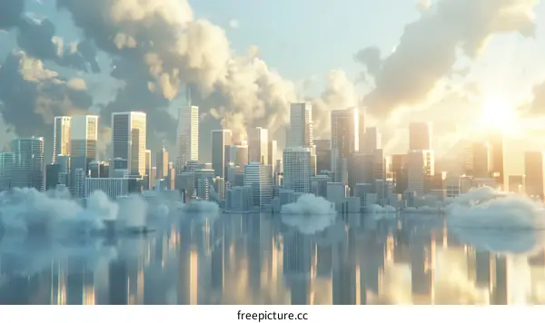 Futuristic City Above the Clouds Illuminated by the Rising Sun
