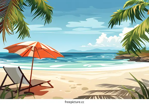 Beach Summer Landscape Illustration with Palm Tree and Beach Chair
