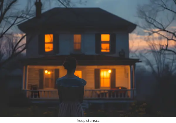 A woman standing in front of a house at dusk
