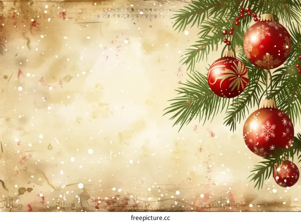 Vintage Christmas Background with Fir Branches and Red Balls