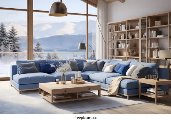 Blue and wood living room interior with large windows and mountain views