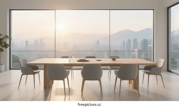 Modern Dining Room with Large Floor-to-Ceiling Windows Overlooking Cityscape