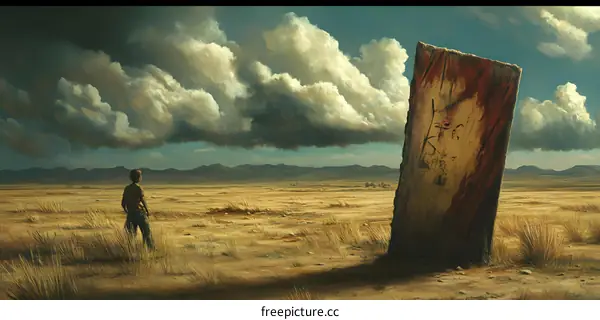 Lonely Figure Standing in a Vast Desert Landscape with a Tall Wooden Sign